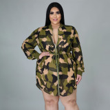 Women's Camouflage Print Lace-Up Slim Fit Casual Fashion Plus Size Dress
