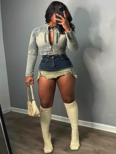 Women's Distressed Sexy Zipper Stretch Denim Skirt