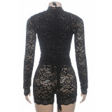 Summer Sexy See-Through Lace Low-Cut Strappy Top High-Waisted Tight Fitting Shorts Two Piece Set
