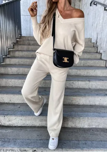 Beige V-Neck Casual Long SLeeve Top Pants Two Piece Lounge Set