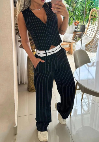 Women's Striped Vest Top Trousers Casual Two Piece Pants Set