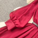 Spring Women's Bow Pleated Chiffon Puff Sleeve Long Dress