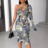 Spring Women's Print Hollow Slash Shoulder Bodycon Dress