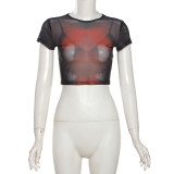 Spring And Summer Women's Fashion Printed Mesh See-Through Sexy Slim Short Sleeve T-Shirt