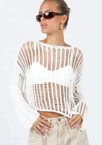 Long-Sleeved Hollow Knitting Net Shirt Summer Sun Protection Cover-Up Spring Top