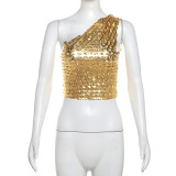 Spring Street Sequin Reflective Sexy One Shoulder Low Back Slim Top