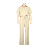 Women's Linen Short Sleeve Shirt Casual Pants Two Piece OL Office Summer Set