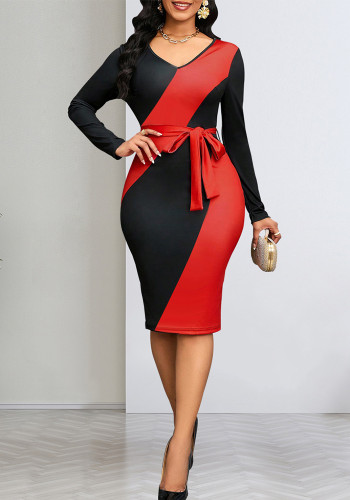 Sexy Fashionable Contrast Color V-Neck Long Sleeve Elegant Women's Dress