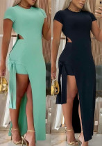Sexy Solid Color Hollow Stretch Tight Fitting Slit Lace-Up Midi Dress Shorts Two Piece Set