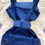 Women Summer Dark Blue Pockets Slim Short Strap Denim Dress