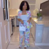 Casual Leaf Print Short-Sleeved Shirt Trousers Two Piece Set