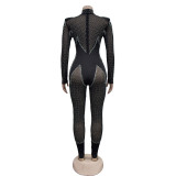Fashion Women's Solid Color Beaded Mesh Long Sleeve Jumpsuit