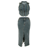 Plus Size Women's Denim Sleeveelss Zipper Top Slit Long Skirt Two Piece Set