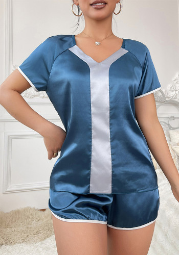 Contrast Color Short Sleeve Two Piece Home Set Satin Pajamas Set
