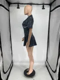 Women's Printed Deep V Slim Waist Short Sleeve Pleated A-Line Casual Jumpsuit