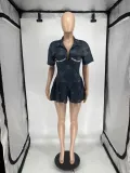 Women's Printed Deep V Slim Waist Short Sleeve Pleated A-Line Casual Jumpsuit