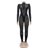 Fashion Women's Solid Color Beaded Mesh Long Sleeve Jumpsuit