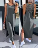 Solid Color Short-Sleeved Slit Casual Long Dress