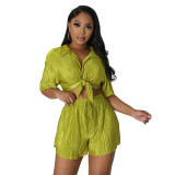 Women summer short-sleeved pleated shirt and Shorts Casual two-piece set