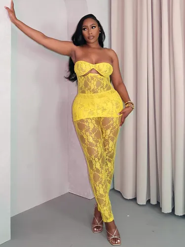 Women Summer Lace Hollow Off Shoulder Strapless Top and Pants Two-piece Set