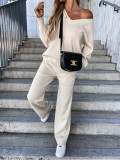 Beige V-Neck Casual Long SLeeve Top Pants Two Piece Lounge Set