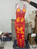 Women Printed Sexy V-Neck Suspender Backless Irregular Dress