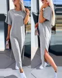 Solid Color Short-Sleeved Slit Casual Long Dress