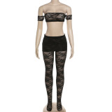 Summer Fashion Sexy See-Through Hollow Strapless Top High Waist Tight Fitting Stocking Pants Two Piece Set