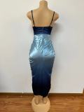 Women gradient print suspender pleated dress