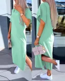 Solid Color Short-Sleeved Slit Casual Long Dress