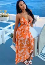 Women Printed Sexy V-Neck Suspender Backless Irregular Dress