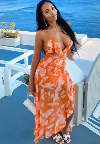 Women Printed Sexy V-Neck Suspender Backless Irregular Dress