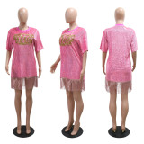 Women Fashion Round Neck Short Sleeve Sequin Tassel Casual Dress