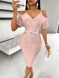 Summer Women's Casual Sexy Solid Color Off-Shoulder Slim Waist Bodycon Dress