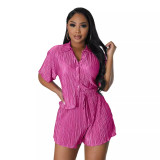 Women summer short-sleeved pleated shirt and Shorts Casual two-piece set