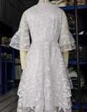Mesh Lace Bell Bottom Sleeve High Waist Round Neck Women's Dress Evening Gown