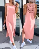 Solid Color Short-Sleeved Slit Casual Long Dress