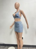 Women elastic Denim Top and sexy Mini Skirt two-piece set