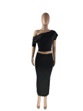 Women's Solid Color Slash Shoulder Asymmetric Sexy Elastic Waist Two Piece Skirt Set