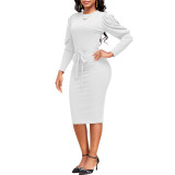 Sexy Fashionable Solid Color Round Neck Long Sleeve Belt Midi Dress