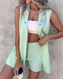 Fashionable Beaded Sleeveless Blazer Shorts Two Piece Set
