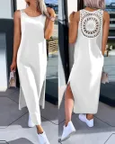 Solid Color Short-Sleeved Slit Casual Long Dress