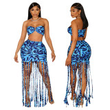 Women Summer Printed Strapless Top and Tassel Mini Skirt Two-piece Set