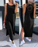 Solid Color Short-Sleeved Slit Casual Long Dress