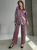 Spring Fashion Casual Women's Leopard Print Long Sleeve Shirt Pants Two Piece Set