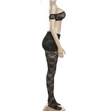 Summer Fashion Sexy See-Through Hollow Strapless Top High Waist Tight Fitting Stocking Pants Two Piece Set