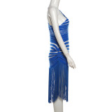 Summer Sexy One-Shoulder Hollow Solid Color Fringed High Slit Long Dress