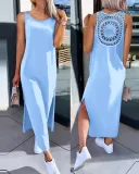 Solid Color Short-Sleeved Slit Casual Long Dress