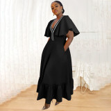 Women Pocket Ruffle Sleeve V-Neck Contrast Patchwork Dress