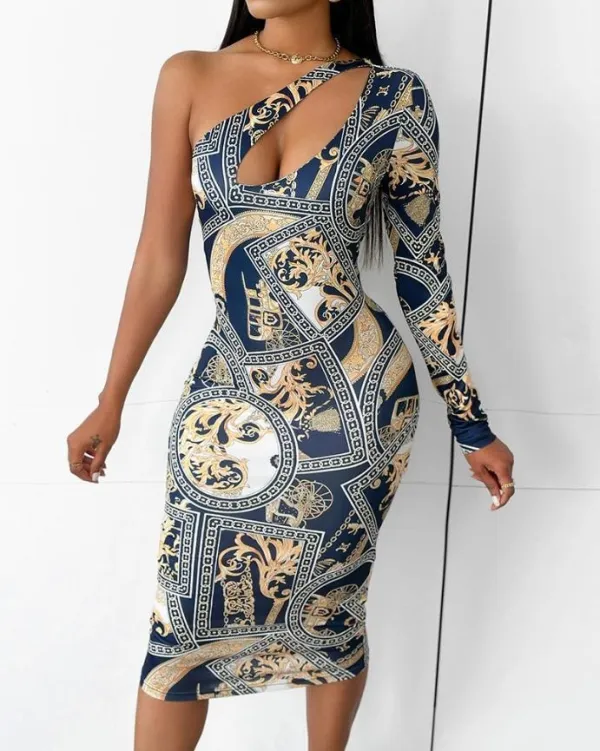 Spring Women's Print Hollow Slash Shoulder Bodycon Dress